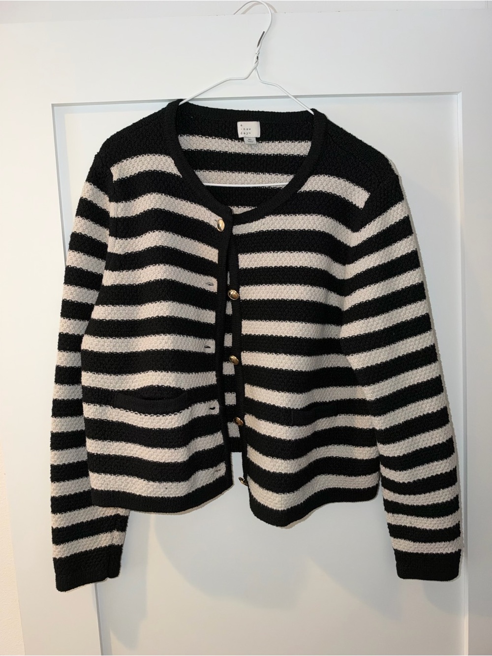 a new day Black and White Striped Button Front Cardigan